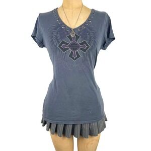 Goth Bikercore Harley-Davidson Graphic Tee Grommet V-Neck Winged Cross Sz M Y2K